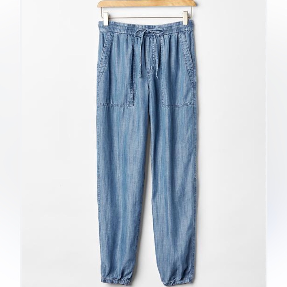 Gap Cotton Utility Joggers Pants Chambray Blue Drawstring Waist